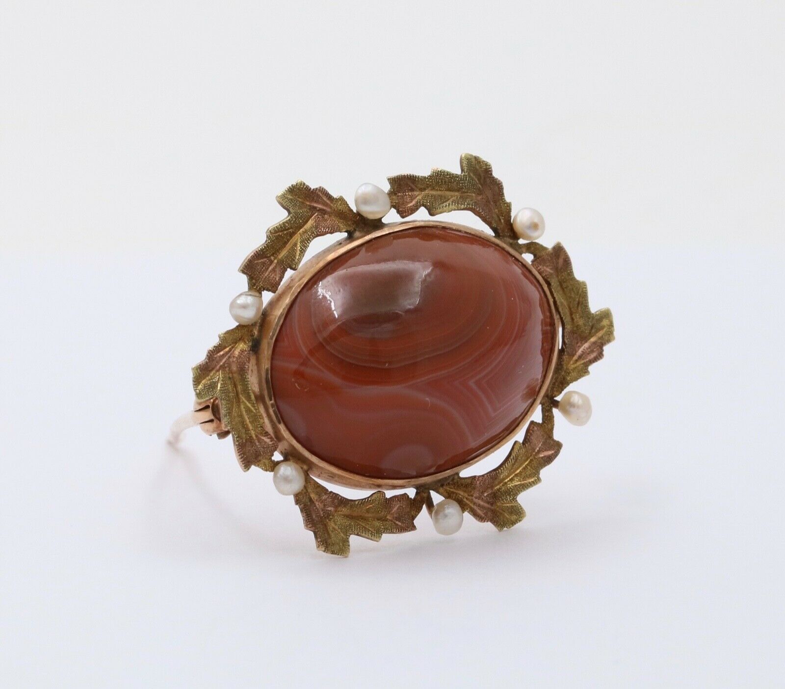 Art Nouveau Agate Seed Pearls 10K Yellow Gold Brooch Pin