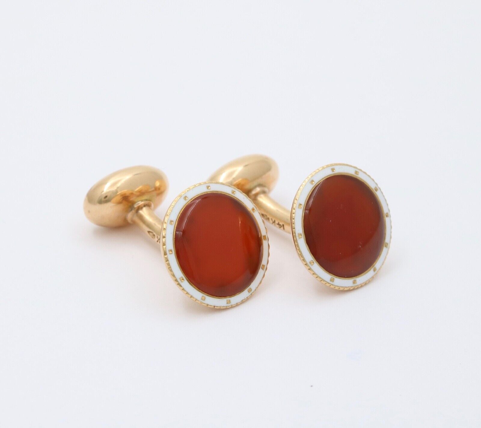 Vintage Carnelian White Enamel 14K Yellow Gold Cufflinks