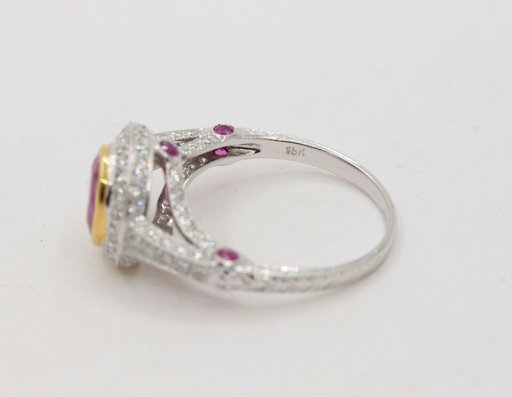 Vintage 18K White Gold Halo Setting Natural Ruby Diamond Alternative Engagement
