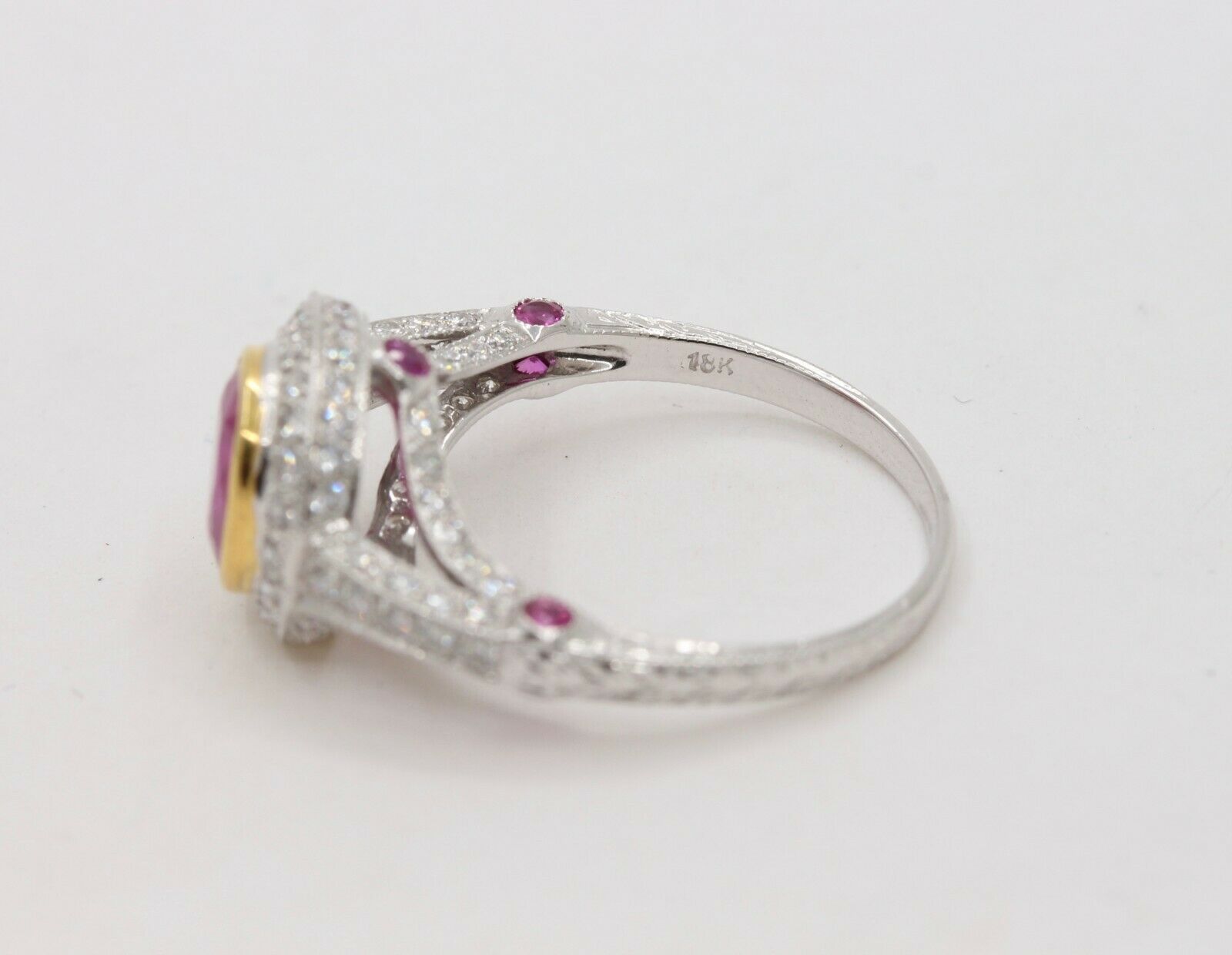 Vintage 18K White Gold Halo Setting Natural Ruby Diamond Alternative Engagement