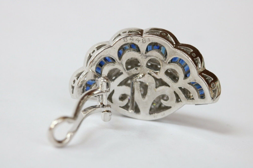 Elegant Scallop Shell Diamonds Sapphire 18K White Gold Vintage Earrings