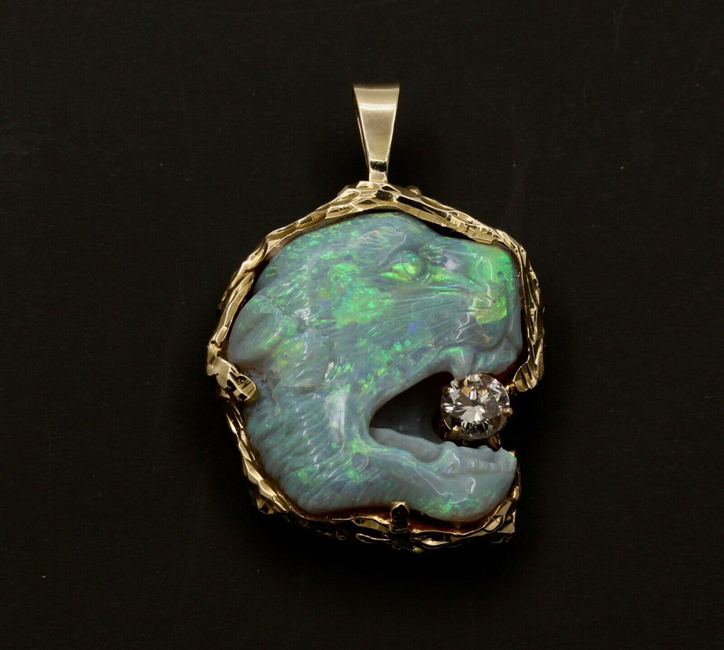 Vintage Carved Panther Large Australian Opal Held 1.0 carats round cut diamond P