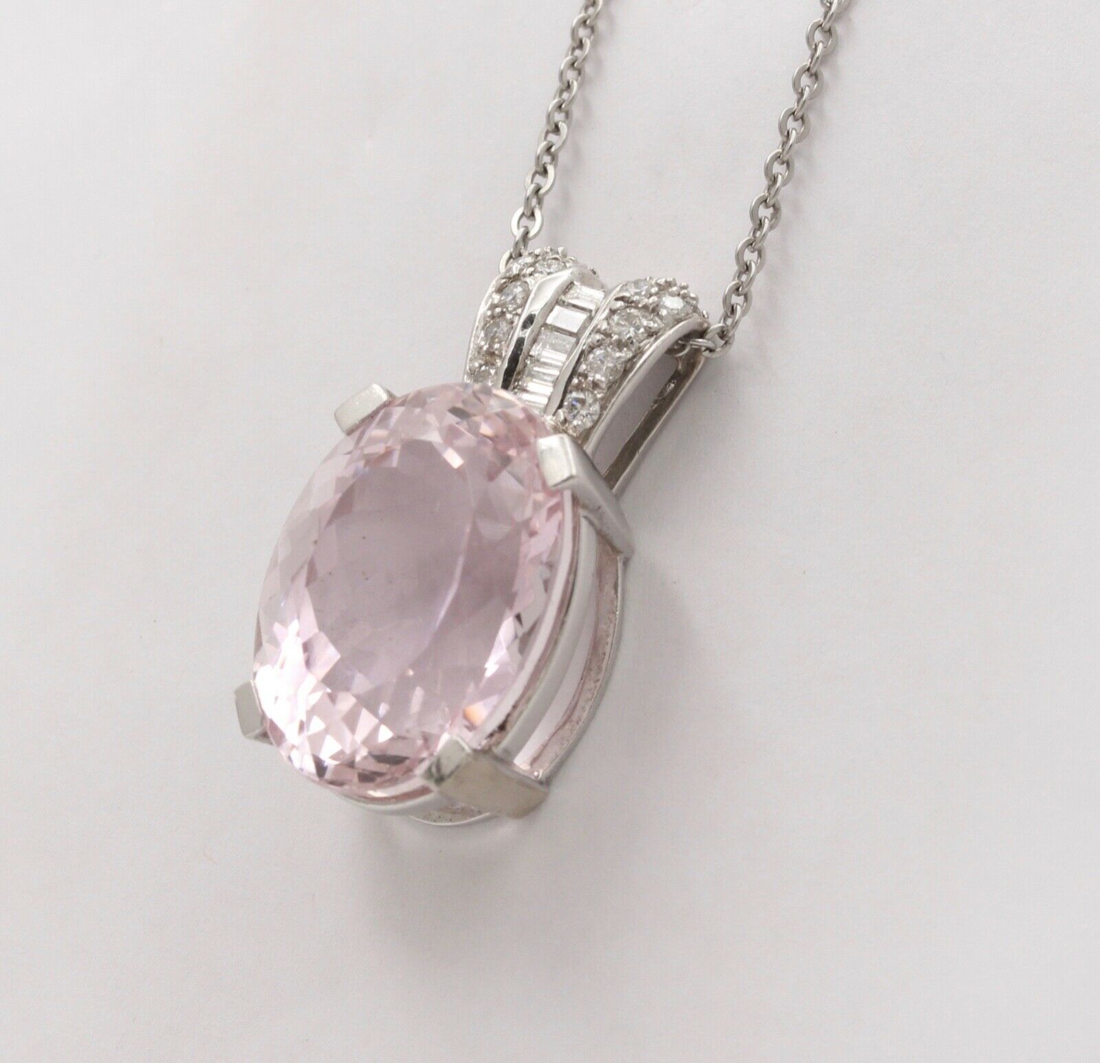 Vintage Pink Cushion Cut 23 carats Kunzite And Diamonds 14K White Gold Pendant