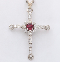 Load image into Gallery viewer, Vintage 10K White Gold Diamond &amp; Rhodolite Garnet Cross Pendant Necklace
