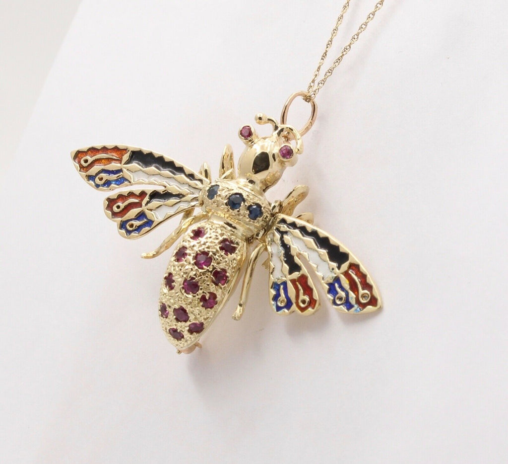 Vintage Movable Honey Bee Sapphires Rubies Enamel 14K Yellow Gold Brooch Pendant