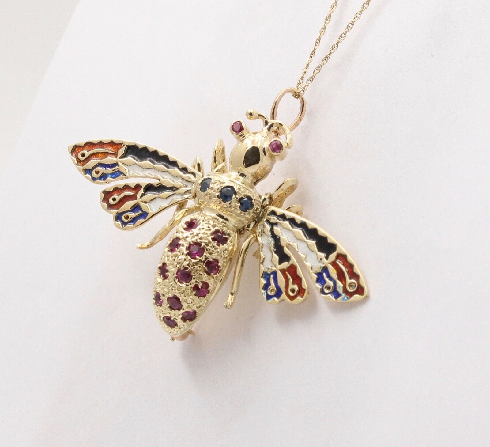 Vintage Movable Honey Bee Sapphires Rubies Enamel 14K Yellow Gold Brooch Pendant