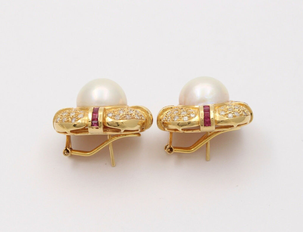 Vintage Mabe Pearl Diamond & Ruby Button Clip Earrings