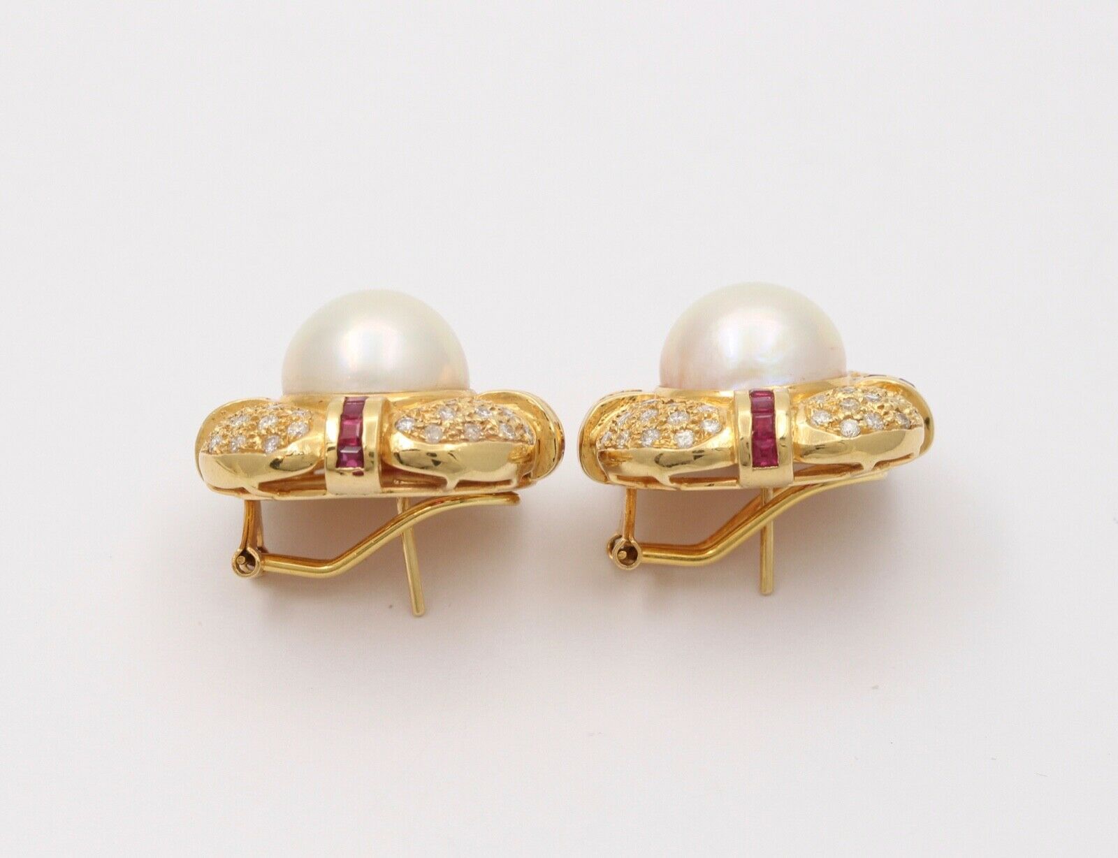 Vintage Mabe Pearl Diamond & Ruby Button Clip Earrings