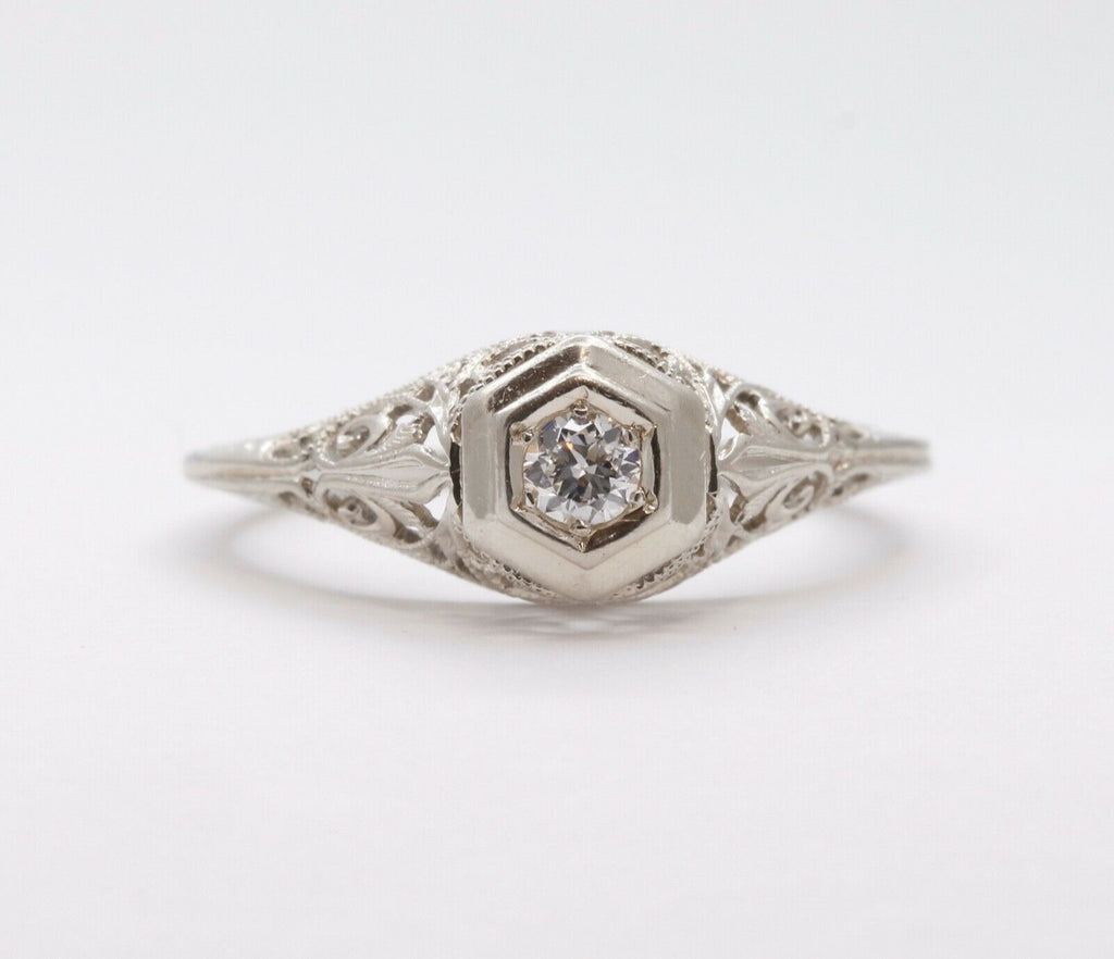 Art Deco Ladies Geometric Diamond 18K White Gold Ring