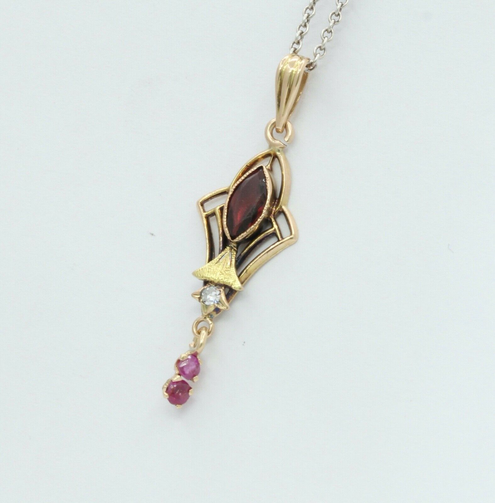 Art Nouveau Ruby Diamonds Garnet 10K Gold Pendant
