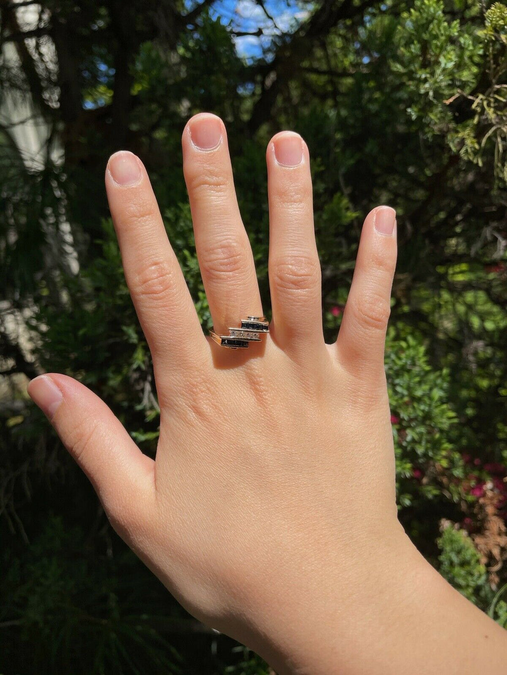 Vintage Geometric Bypass Diamonds Sapphires 14K Yellow Gold Ring