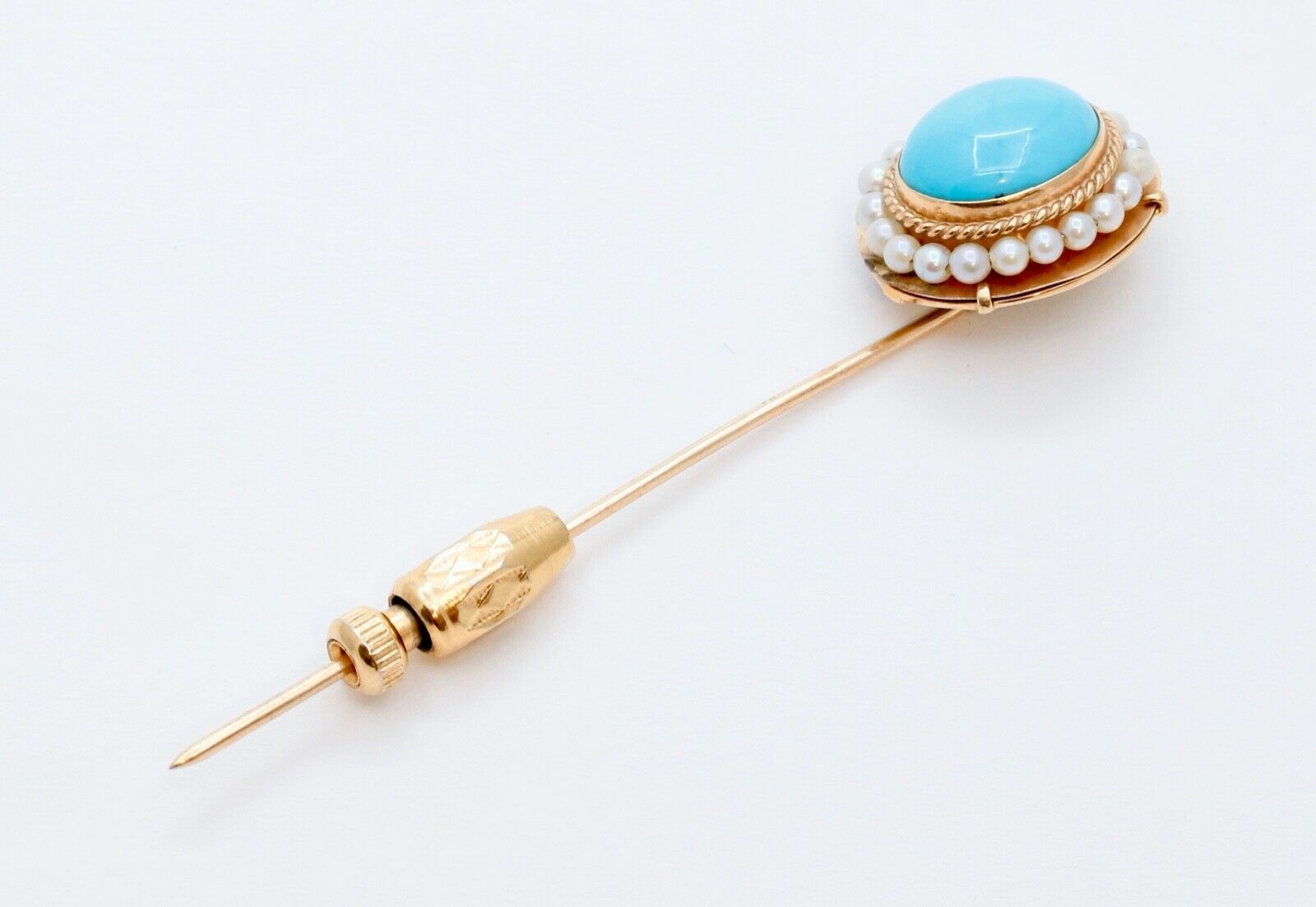 Vintage Ladies Turquoise Diamonds 14K Yellow Gold Stick Pin