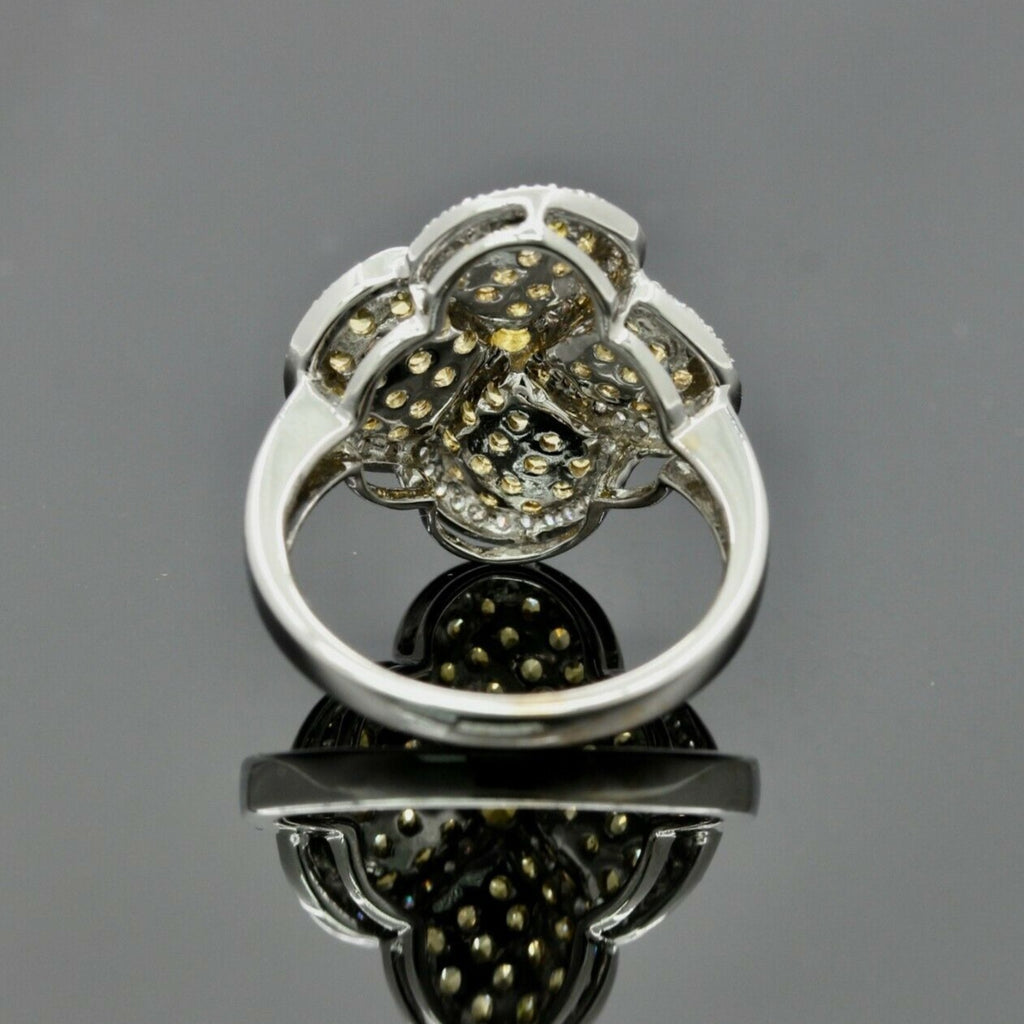 Vintage 18K White Gold Yellow & White Diamond Four Leaf Ring