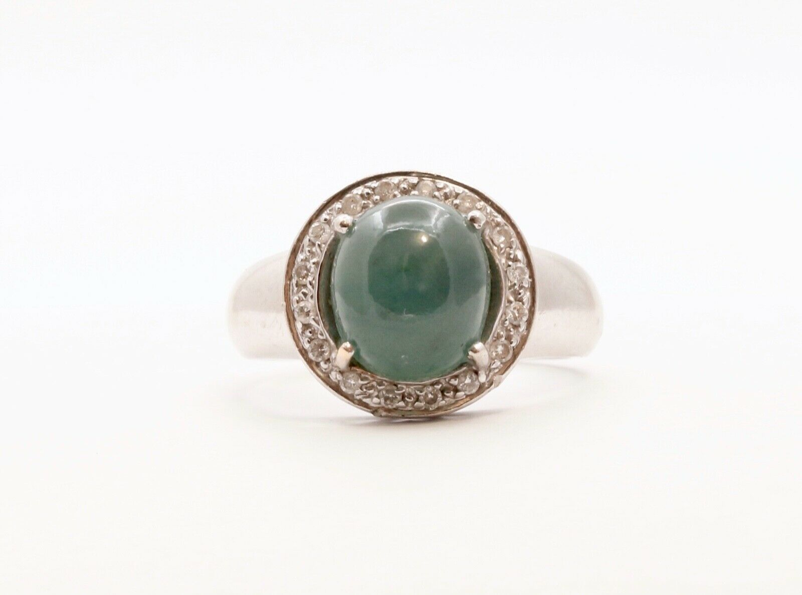 Vintage Watery Transcluscent Jade Diamonds Halo 14K White Gold Ring