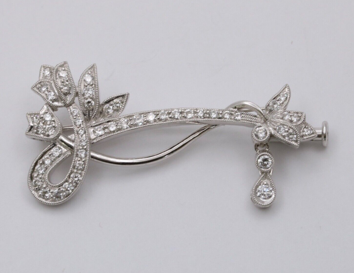 Vintage 18K White Gold Flower Diamond Brooch, Pin.