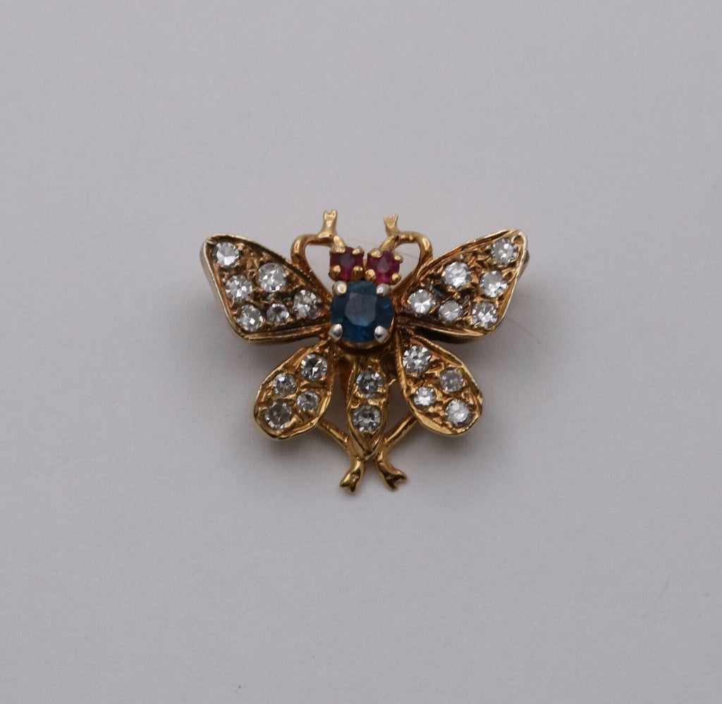 Vintage Butterfly Sapphire Ruby Diamond 14K Yellow Gold Brooch Pin