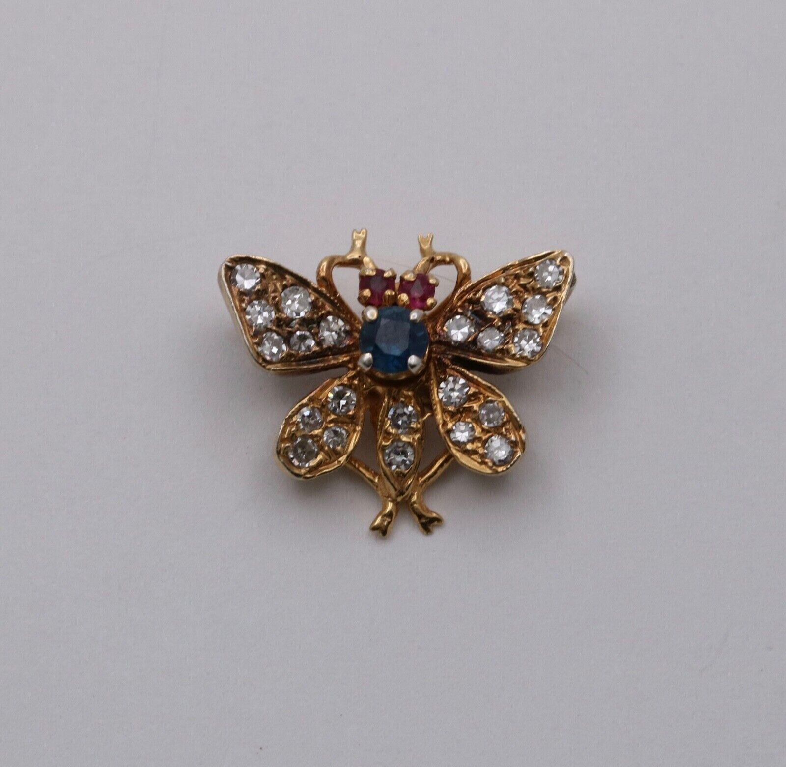 Vintage Butterfly Sapphire Ruby Diamond 14K Yellow Gold Brooch Pin