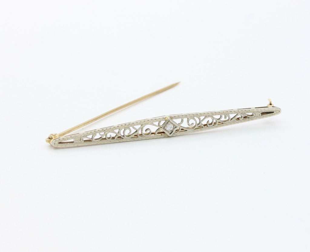 Art Deco 14K White Gold Diamond Filigree Brooch