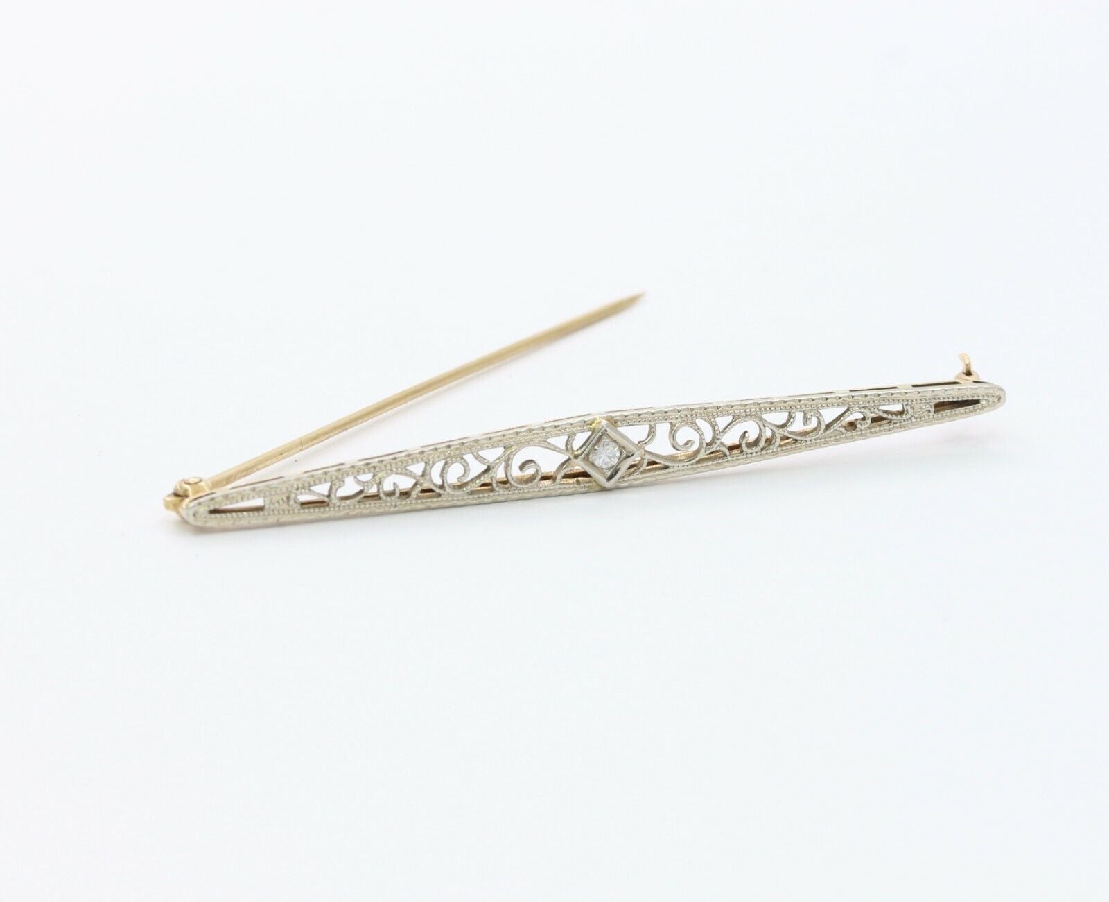 Art Deco 14K White Gold Diamond Filigree Brooch