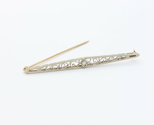 Art Deco 14K White Gold Diamond Filigree Brooch