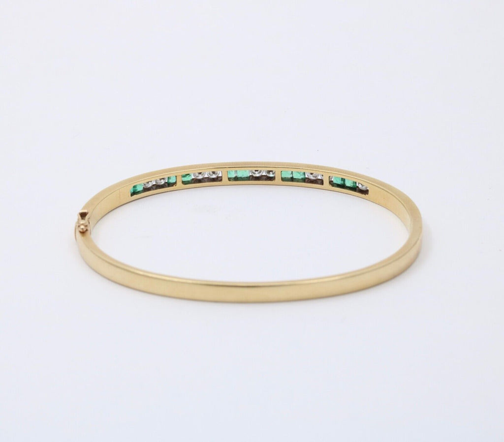 Vintage Emerald Diamond 18K Yellow Gold Bangle Bracelet