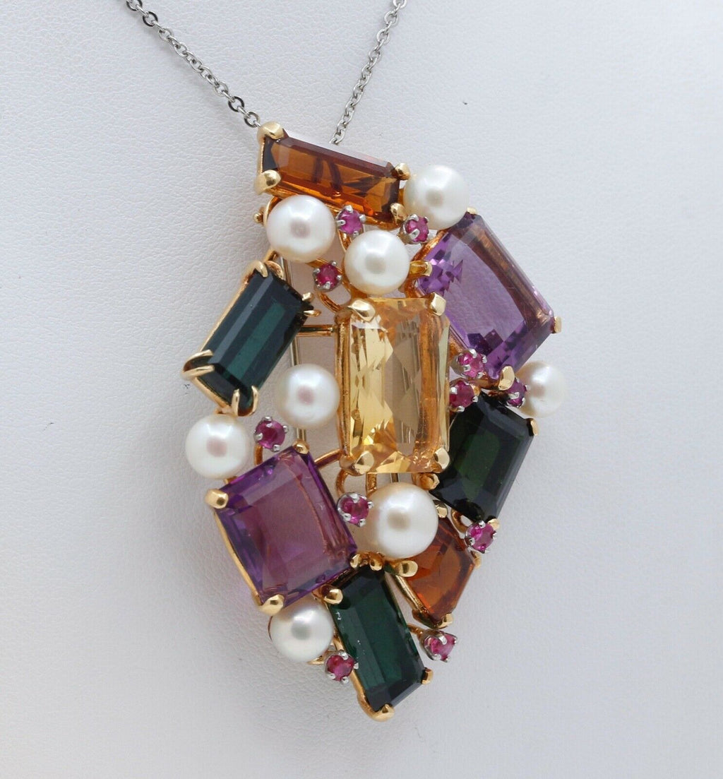 Luxurious Vintage Multi Stone 18K Yellow Gold Pendant Brooch Pin