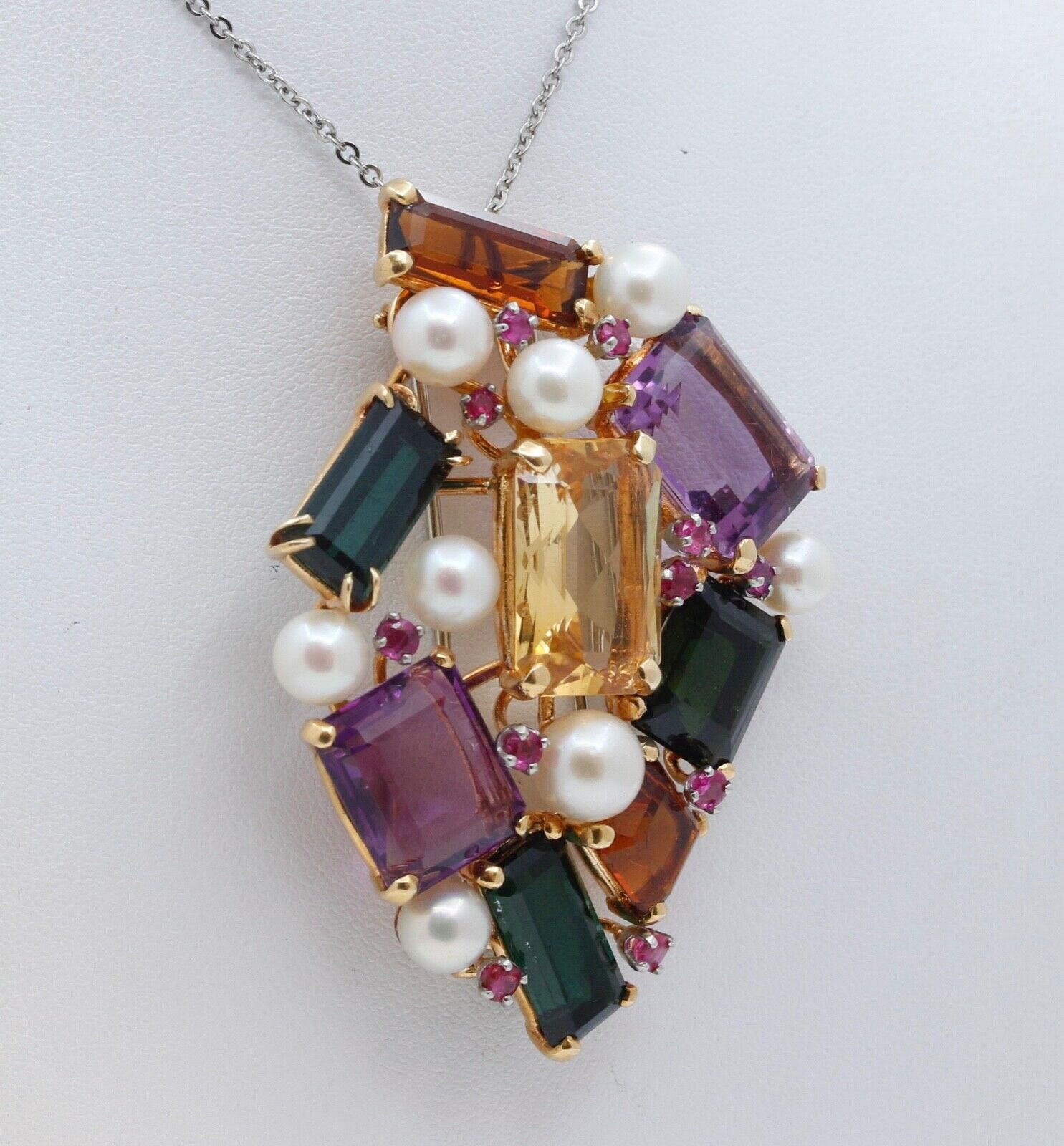 Luxurious Vintage Multi Stone 18K Yellow Gold Pendant Brooch Pin
