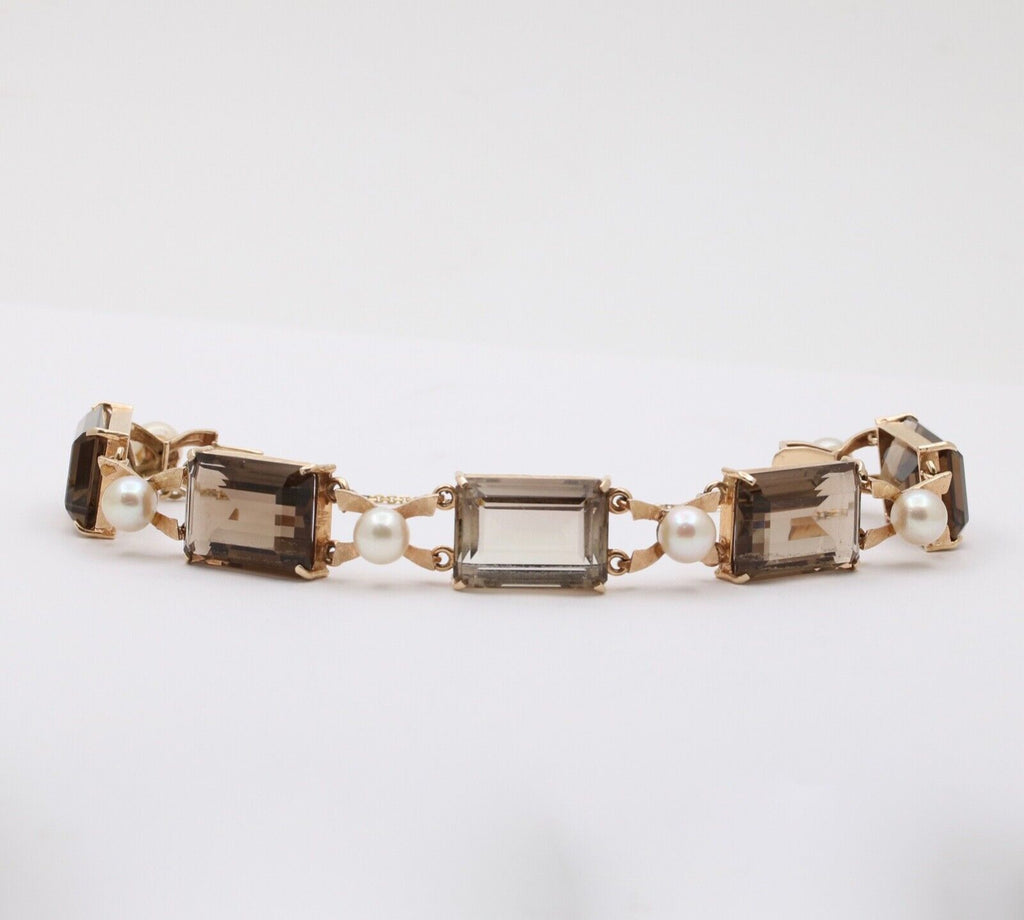 Vintage 14K Yellow Gold Smoky Topaz & Pearl Bracelet