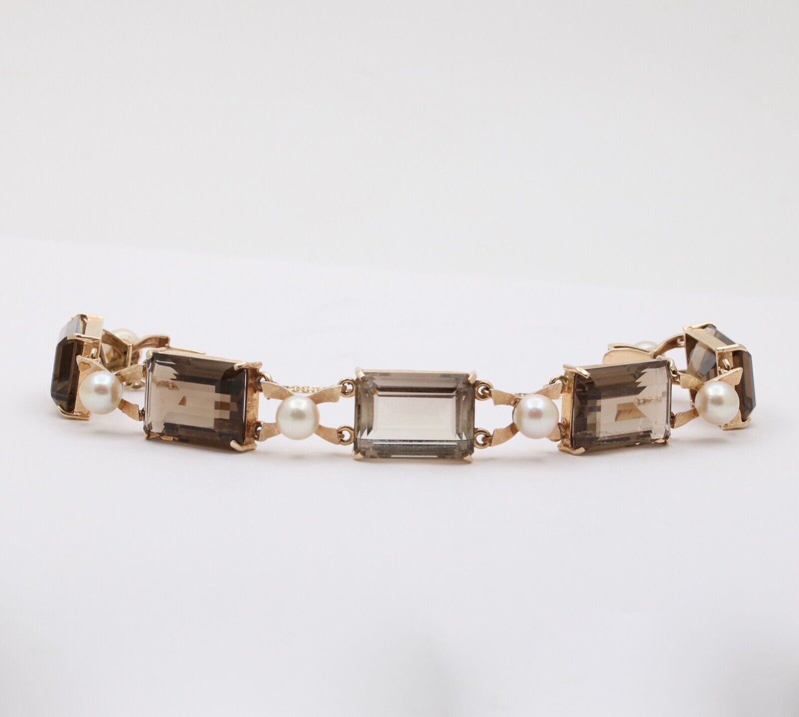 Vintage 14K Yellow Gold Smoky Topaz & Pearl Bracelet