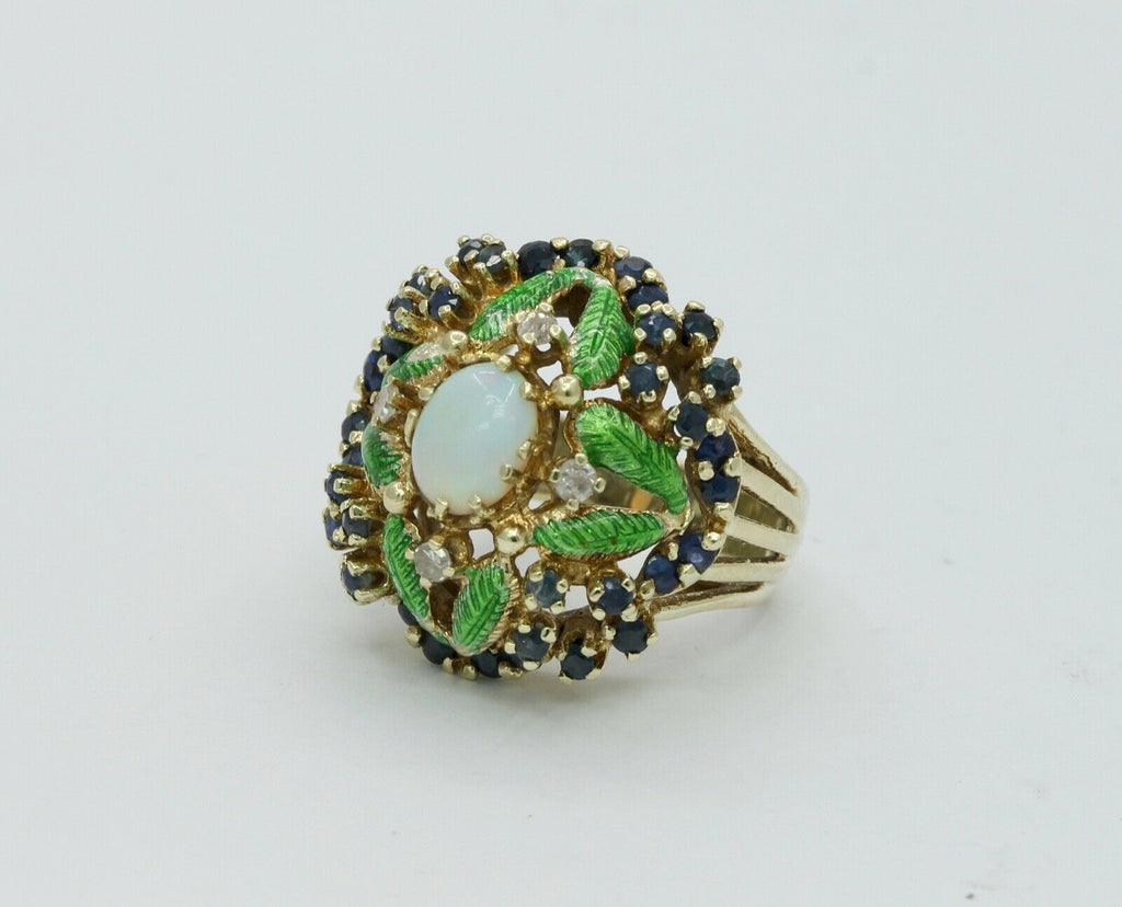 Vintage Cluster Ring 14K Yellow Gold Opal Sapphires Diamonds