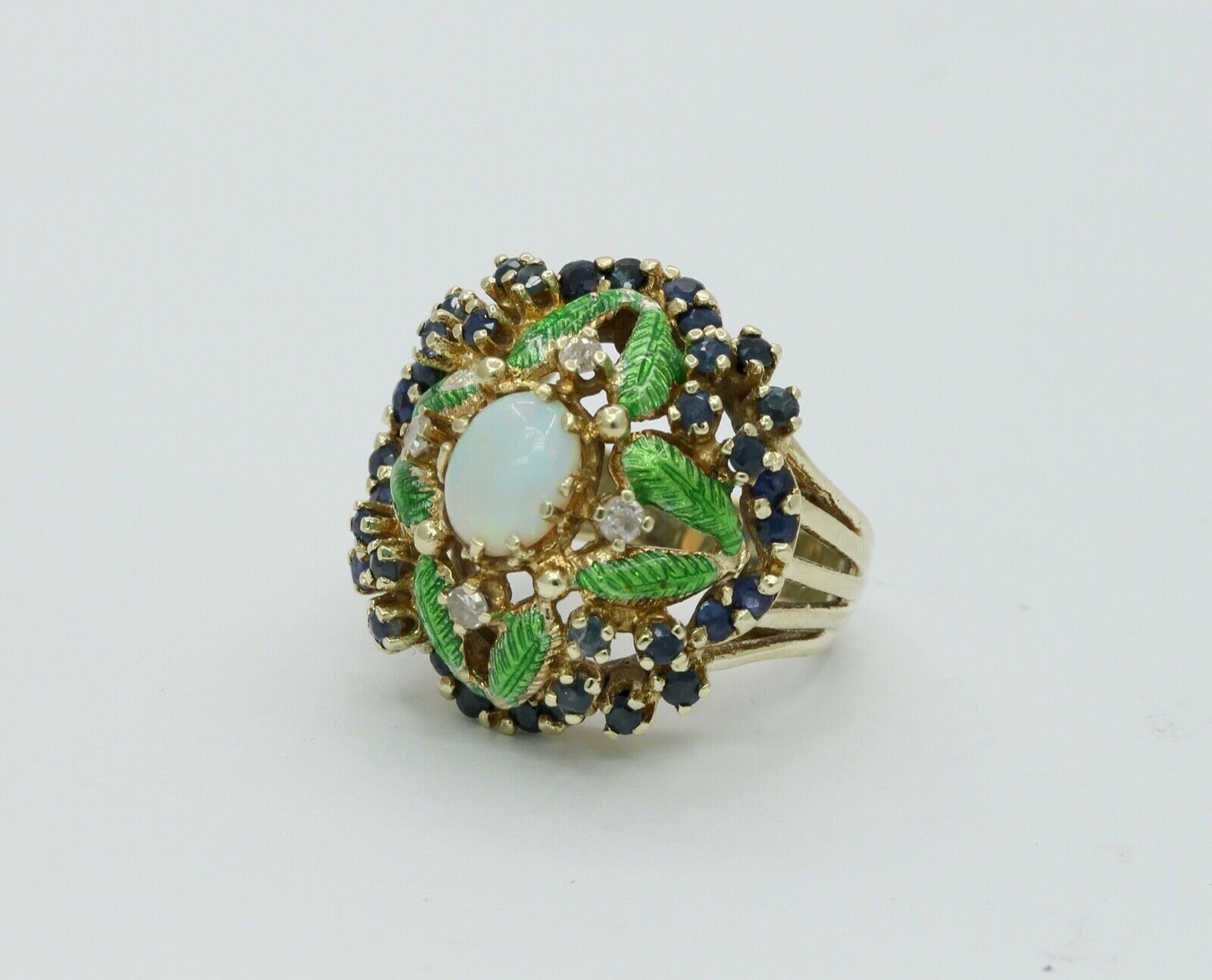 Vintage Cluster Ring 14K Yellow Gold Opal Sapphires Diamonds