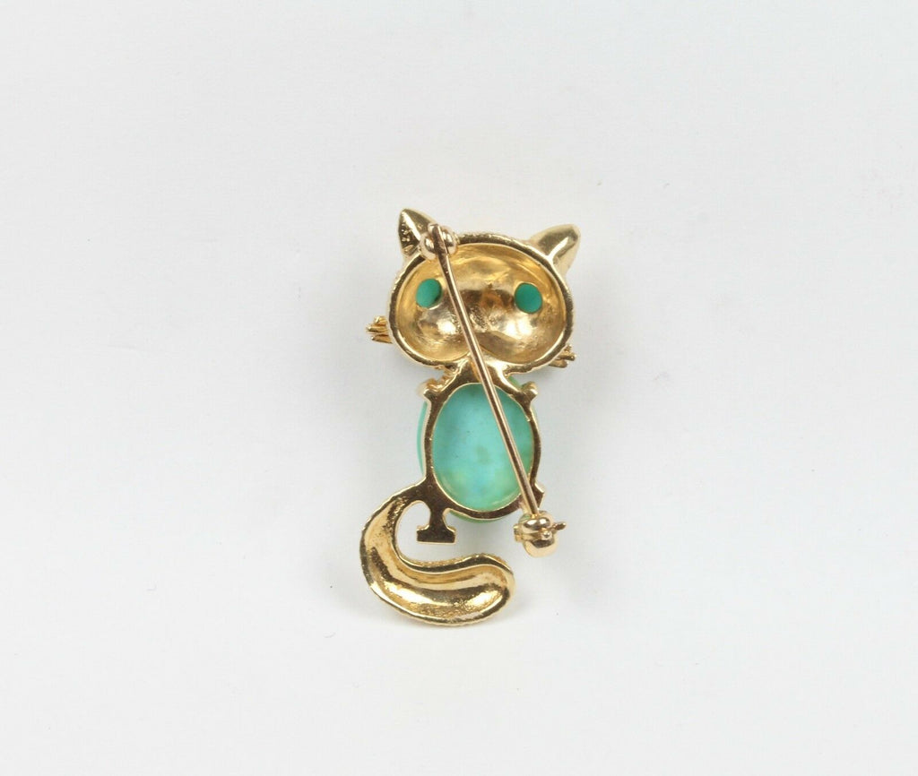 Vintage Turquoise Cat Brooch 14K Yellow Gold