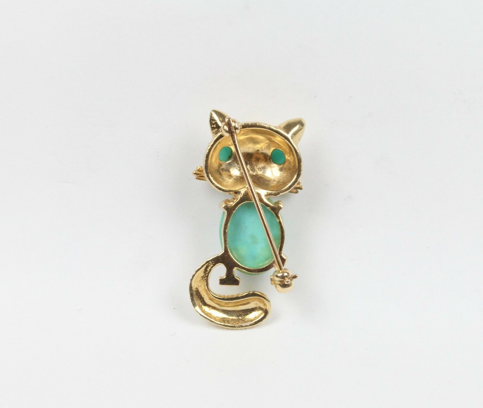 Vintage Turquoise Cat Brooch 14K Yellow Gold