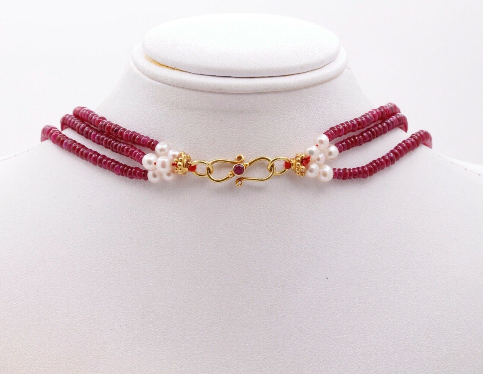 Vintage Ruby Citrine Pearls 18K Yellow Gold Bead Strand Necklace