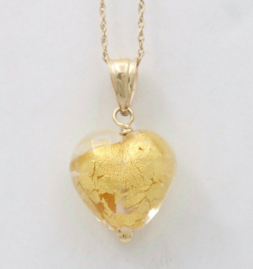 Vintage 14K Yellow Gold Murano Venetian Glass Heart Charm Pendant.