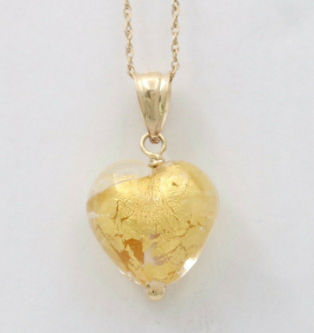 Vintage 14K Yellow Gold Murano Venetian Glass Heart Charm Pendant.