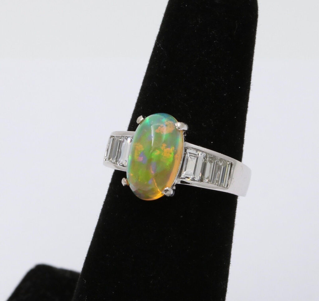 Vintage 18K White Gold Ethiopian Opal and Diamond Alternative Engagement Ring