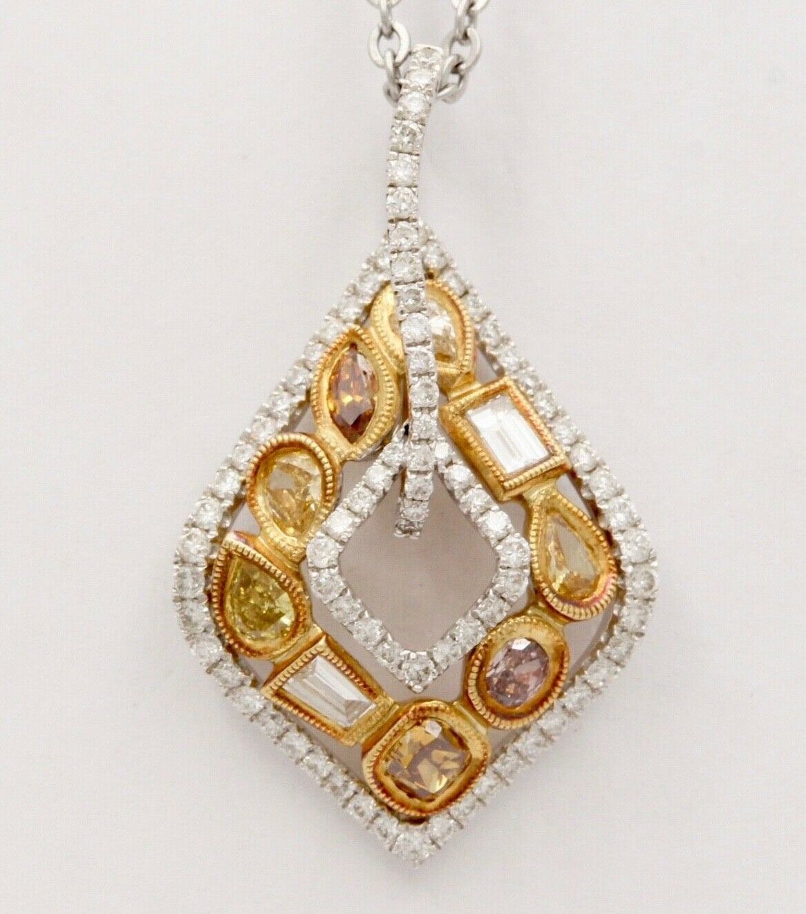 Parade Multi Color Diamond 18K White & Yellow Gold Pendant, Necklace. Estate