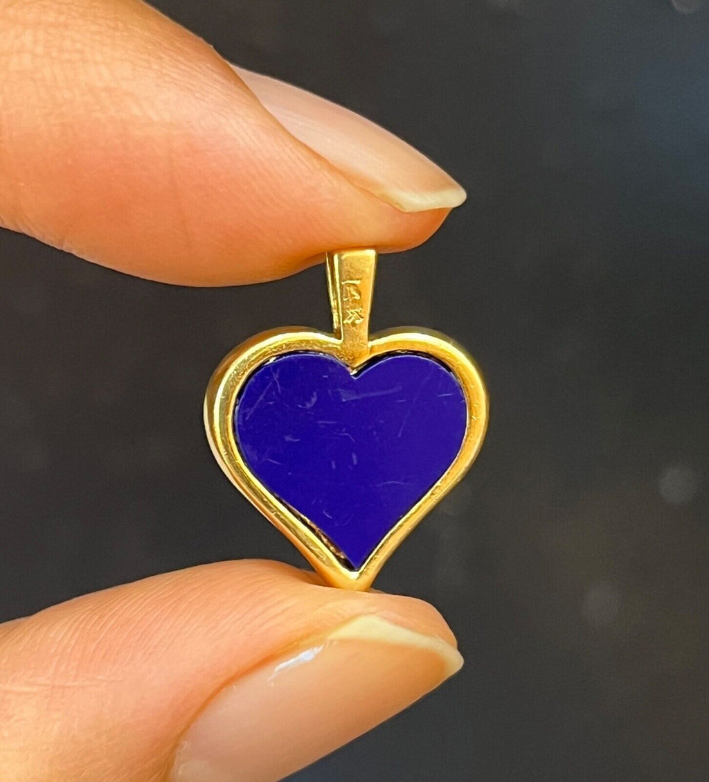 Vintage 14K Yellow Gold Lapis Lazuli Heart Diamond Pendant, Charm