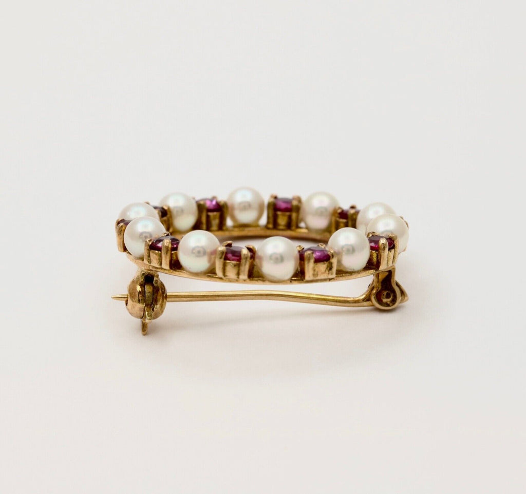 Vintage 14K Yellow Gold Ruby and Pearl Circle Brooch