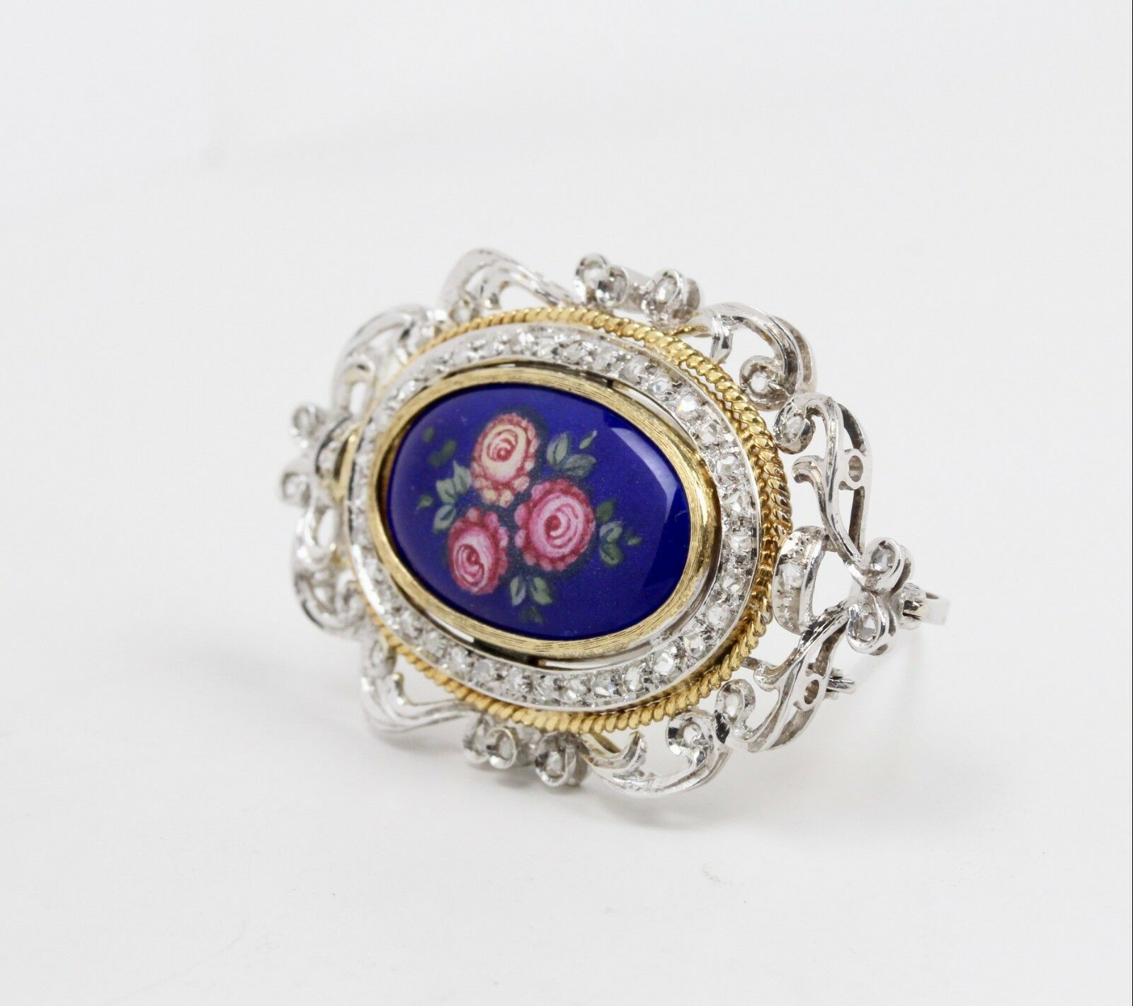Vintage 18K Yellow Gold Italian Floral Enamel Diamond Pendant Brooch