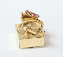 Load image into Gallery viewer, Rare Vintage Phonograph 14K Yellow Gold RubIes Sapphires Pearls Pendant Charm
