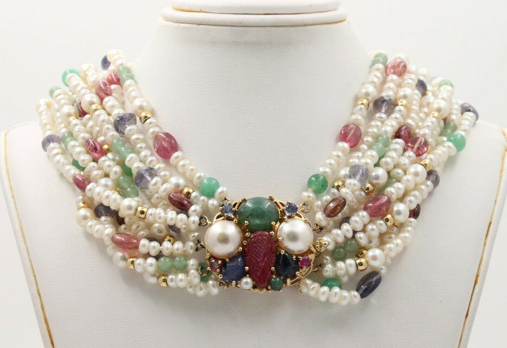 Vintage Beaded Pearl, Ruby, Sapphire and Aventurine Multi Strings Necklace