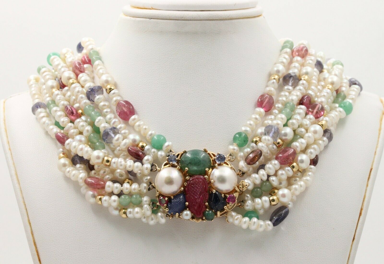 Vintage Beaded Pearl, Ruby, Sapphire and Aventurine Multi Strings Necklace
