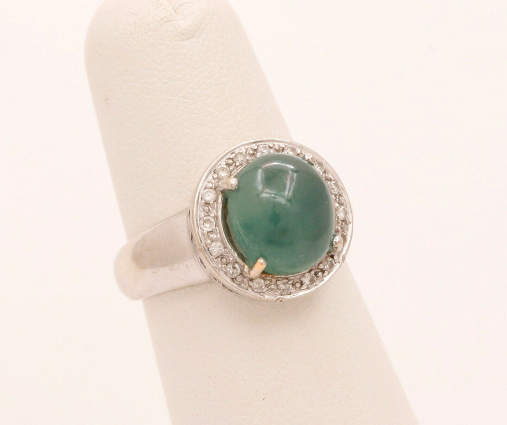 Vintage Watery Transcluscent Jade Diamonds Halo 14K White Gold Ring