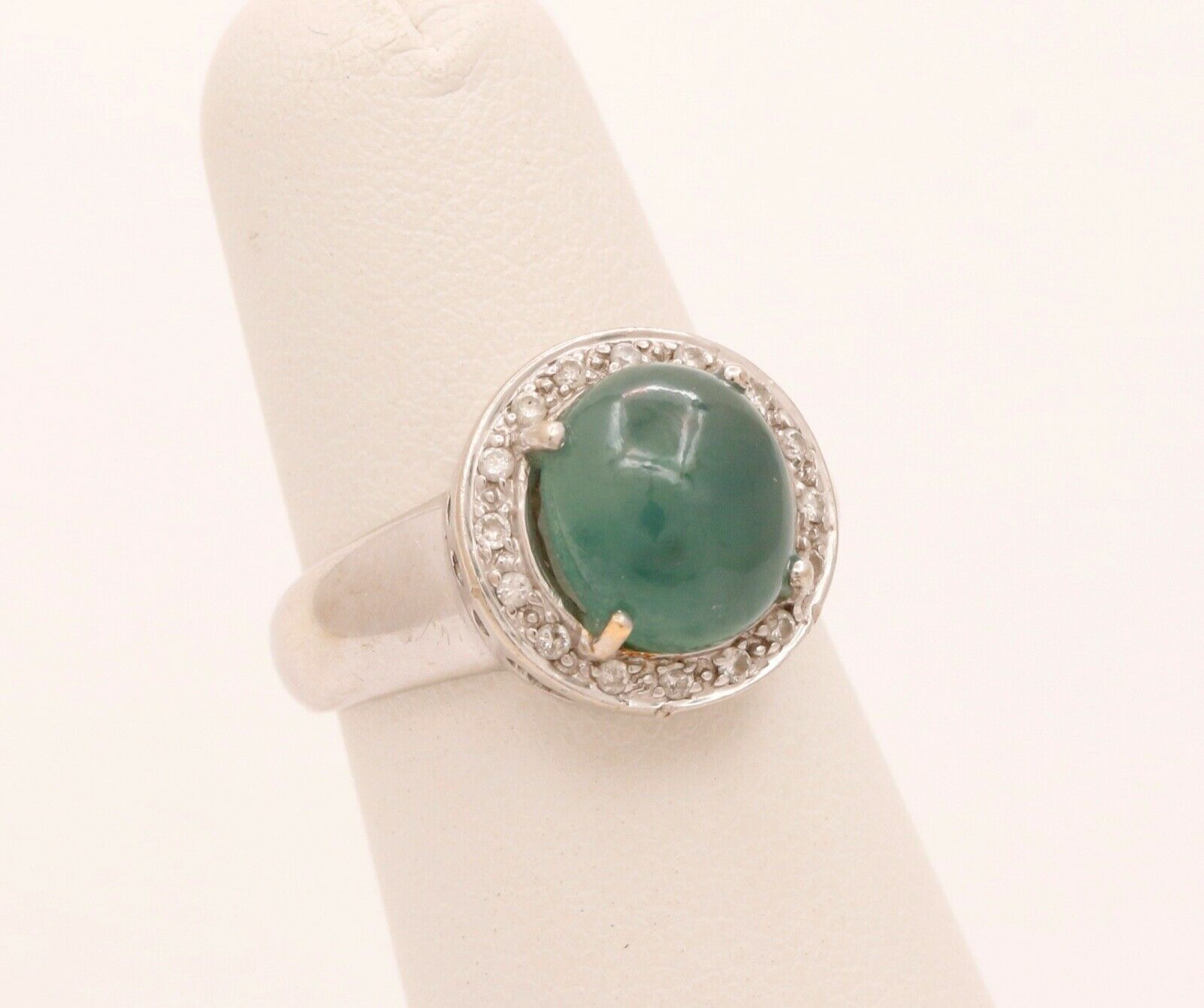 Vintage Watery Transcluscent Jade Diamonds Halo 14K White Gold Ring