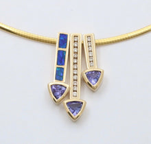 Load image into Gallery viewer, Striking 14K Gold Tanzanite, Opal and Diamond Three Arrows Pendant Necklace.
