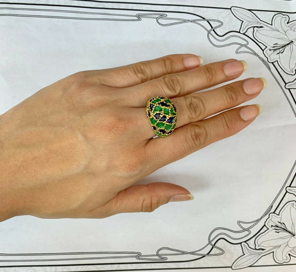 Vintage 18K Gold Blue & Green Enamel Dome Ring