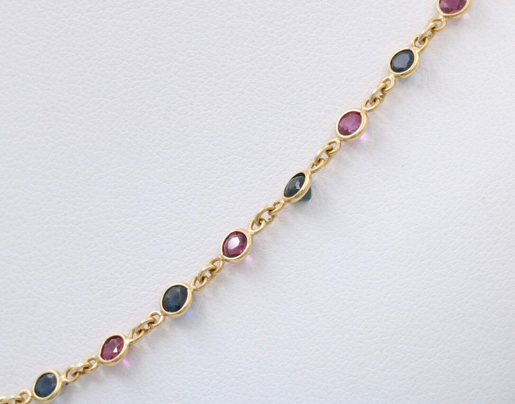 Vintage 14K Yellow Gold Ruby And Sapphire By The Yard Necklace. Station Necklace