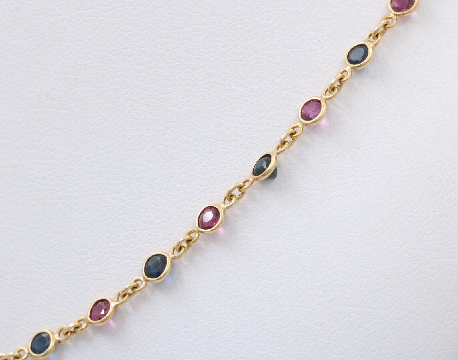 Vintage 14K Yellow Gold Ruby And Sapphire By The Yard Necklace. Station Necklace